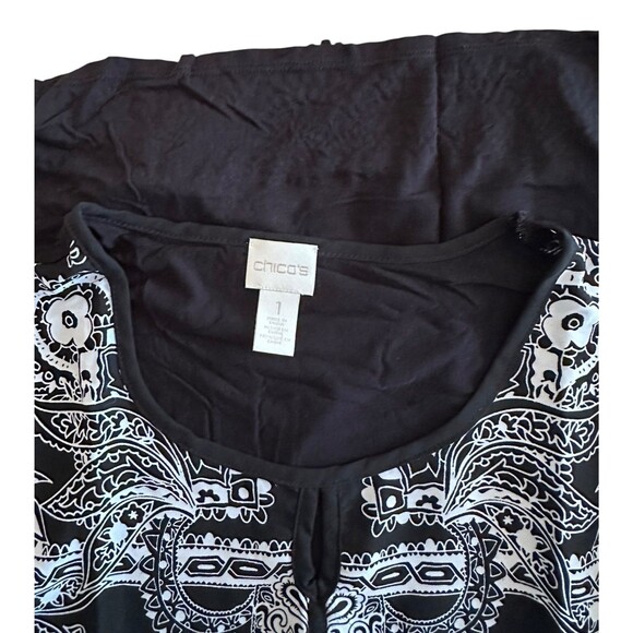 Chico's Women's Ariel Mirrored Paisley Top w/ Crochet Hem Size 1 (M 8/10) Black - Picture 3 of 8